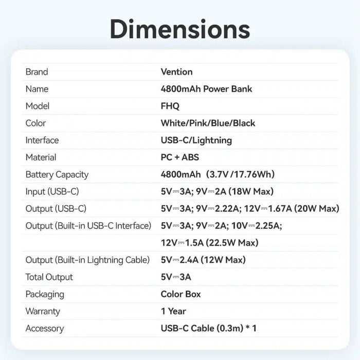 Vention 4800 mAh Power Bank - FHQB0 / FHQW0