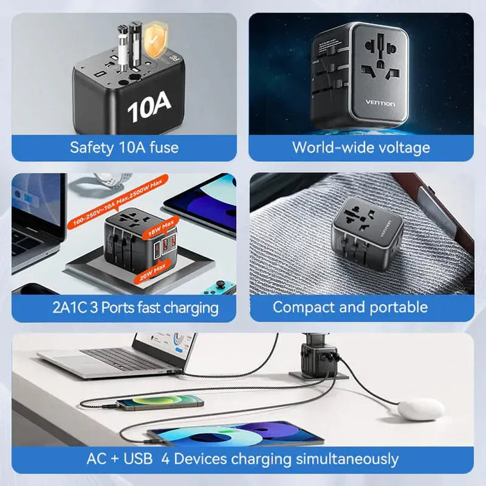 Vention 3-Port USB Universal Travel Adaptor - FJEB0