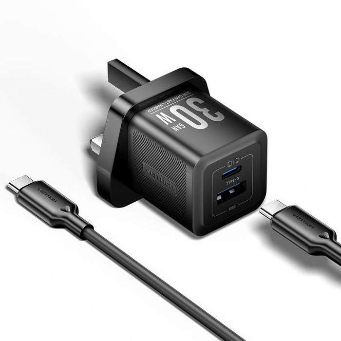 Vention 2-Port USB (C + A) GaN Charger (30W/30W) with USB-C to USB- C Cable (1M) TZ-FEQB0-UK-01