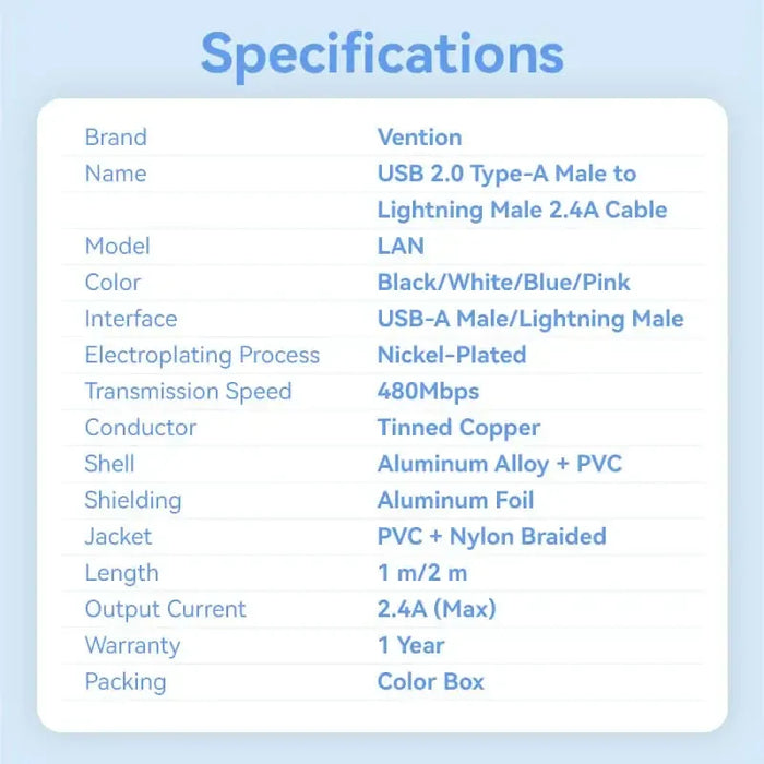Vention USB Type-A to Lightning Cable 1m - LANWF