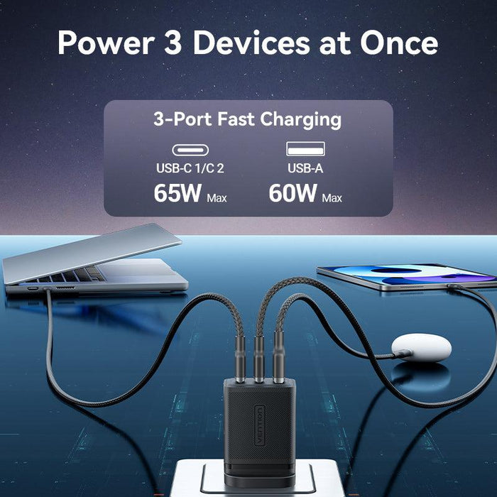 Vention 3-Port USB-C + USB-C + USB-A GaN Charger (65W) - FERW0-UK